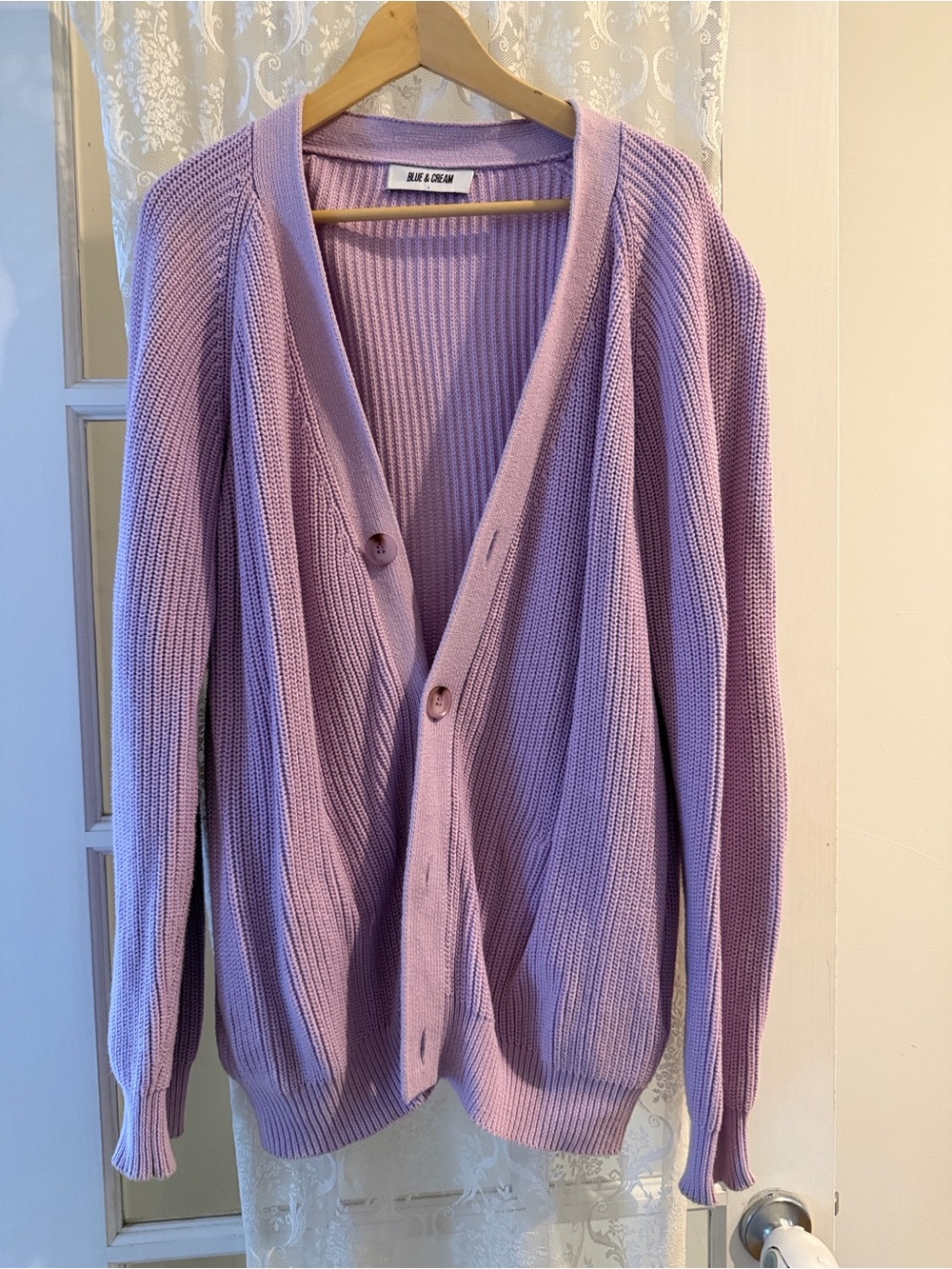 Blue & Cream Lilac Ribbed Button Cardigan